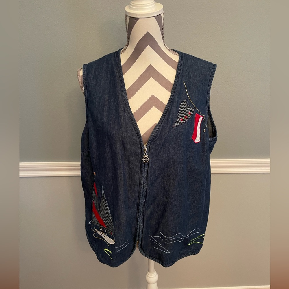Allison Daley Blue Jean Zip Up Patchwork Sailboat Vest - Size: 14P